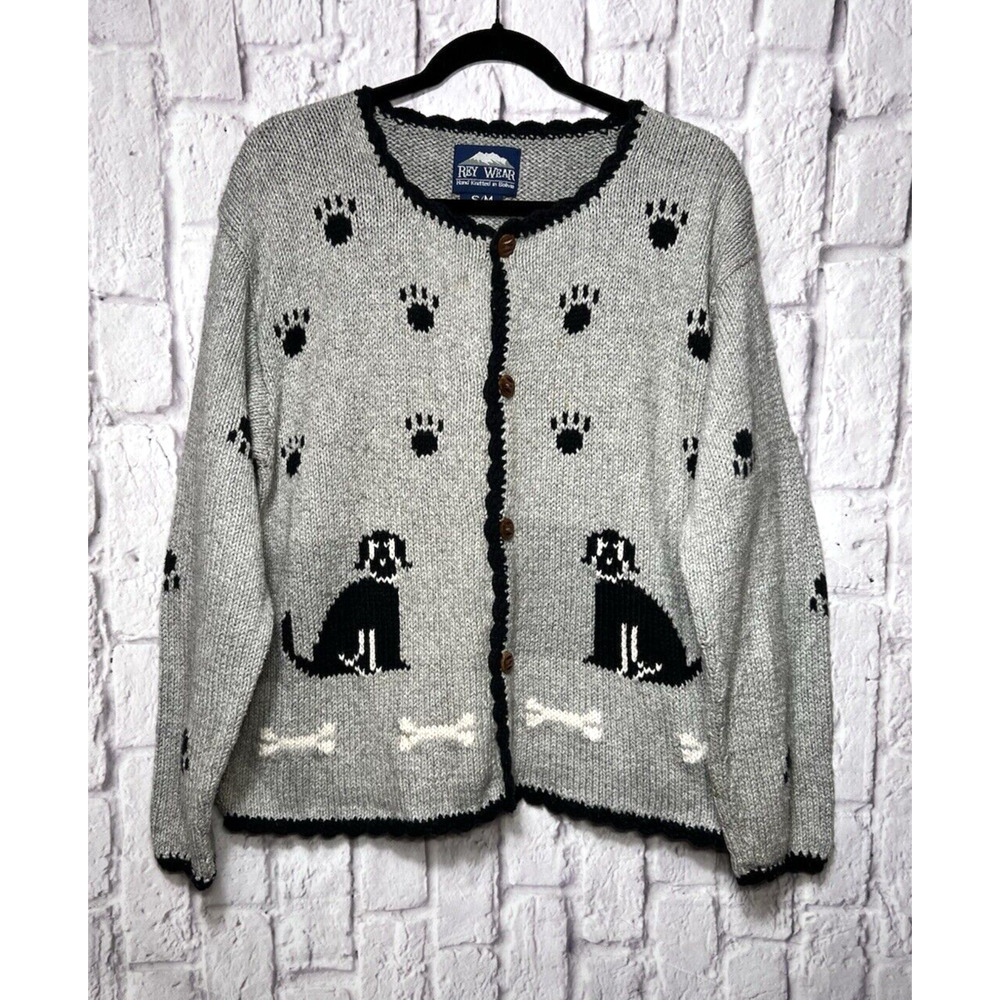 Ray Wear Novelty Puppy Dog Cardigan Gray Chunky Knit Sweater Teacher Women’s S/M